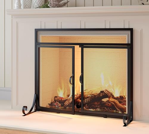 Calidola Pantalla plana para chimenea con puertas, marco de hierro forjado sólido con malla de metal, pantalla decorativa para chimenea con diseño moderno, protector de chispas independiente