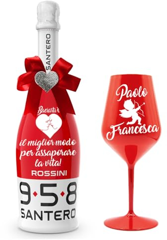 BOTTIGLIA Spumante e Bicchiere Personalizzabili ideali per San Valentino, Anniversario, Proposta di Matrimonio, Laurea, Compleanno, Natale, Scritta e Fiocco da scegliere in fase di personalizzazione