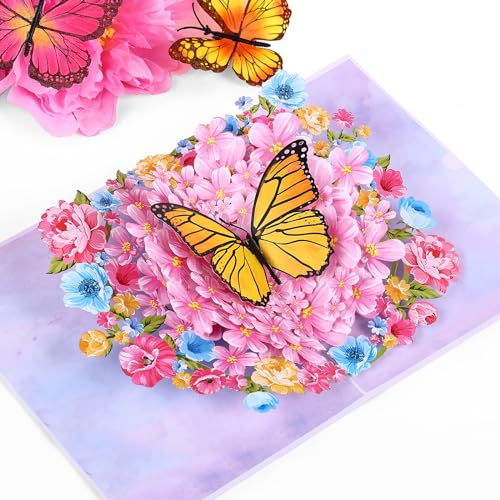 Joyoldelf Pop Up Karte Geburtstagskarten - Schmetterlinge in der Blumengruppe - 3D Muttertagskarte, Geburtstagskarte für Mama, Frau(Karte Muttertag, Jahrestag, Gute Besserung, Danke)