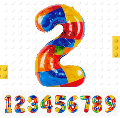 Baustein Geburtstag zahlen luftballon 2 jahre | Folienballon 2 XXL Kindergeburtstag Deko Farbe-Riesen Folienballon in 40 - 101cm Geburtstagsdeko - Ballon Zahl Deko zum Geburtstag-Helium