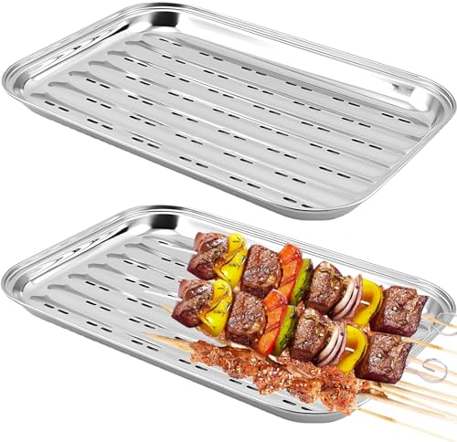 GOMETY 2 bandejas para barbacoa de acero inoxidable, 34,5 x 24,2 x 2,7 cm, reutilizables, cesta para verduras, accesorios para verduras, pescado o carne, para barbacoa de gas, eléctrica y carbón