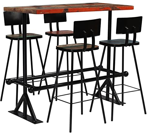 ZEYUAN Bar-Set 5-TLG Bartisch Mit Barhocker Set, Hochtisch Mit Stühlen Set, Esstisch Mit Stühlen, Küchentheke Mit Hocker, Altholz Massiv Mehrfarbig