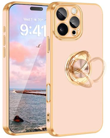 Fingic for iPhone 16 Pro Case[with 360°Ring Holder][Support Magnetic Car Mount]Cute Kickstand Slim Women Girls Nonslip Hard PC Soft TPU Rugged Bumper Protective Case for iPhone 16 Pro,6.3Rose Gold