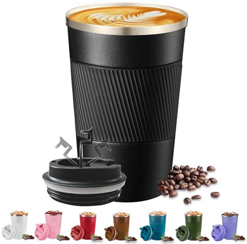 KISUOMAOYI Travel Mug - 380/510 Reusable Insulated Coffee Mug with Leakproof Lid, 304 Stainless Steel Portable Coffee Cup for Hot & Cold Coffee, Tea, Water and Drinks (Black)