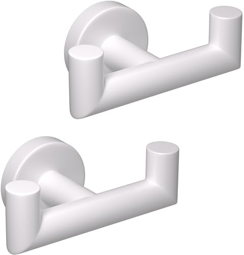 QNIIAED 2 Pcs Double Door Hooks,Bathroom Towel Hooks Screw in SUS 304 Stainless Steel Heavy Duty Robe Coat Hooks Wall Mounted for Bedroom or Kitchen(White)
