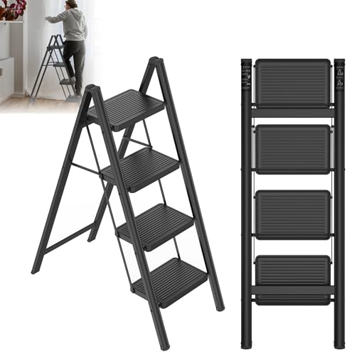 XMTECH Trittleiter 4 Stufen, klappbar, Metall, Schwarz, 150 kg, Haushalt | Rutschhemmende Trittflächen, bodenschonende Gummifüße, kompakt verstaubar, geeignet für Küche, Büro und Garage