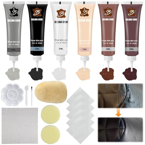 JIANGZHIB Leder Reparatur Set, 6 Farben Lederreparatur Creme, Kunstleder Reparaturset mit Dicke Handschuhe, Schwamm und Handtuch, Lederreparatur Set für Autositze, Sofa, Lederjacke, Schuhe