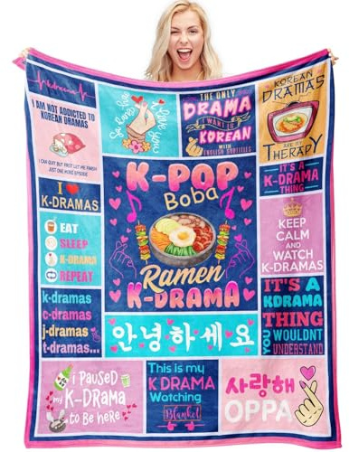 Rioa Koreanische Drama-Geschenke, Flanelldecke für K-Drama- und K-Pop-Liebhaber, koreanische Geschenke für Frauen, 127,7 x 152,4 cm, koreanische Decke, Geburtstag, Filmabende, K Drama Watching Blanket