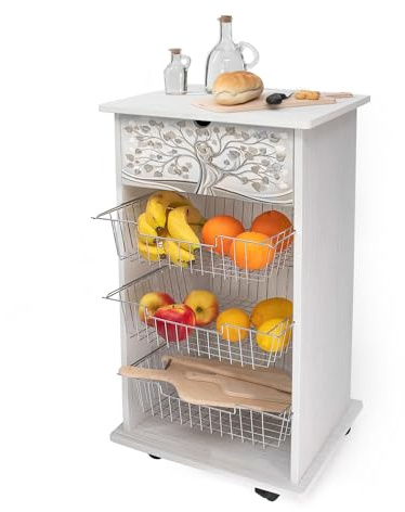 Lupia - Carrello Cucina Multifunzione Bianco WHITE ALBERO ABBRACCIO, Portafrutta Ruote Piroettanti, Piano di Appoggio, tre Cestelli Estraibili in Acciaio, Legno 40X45H85 cm montato