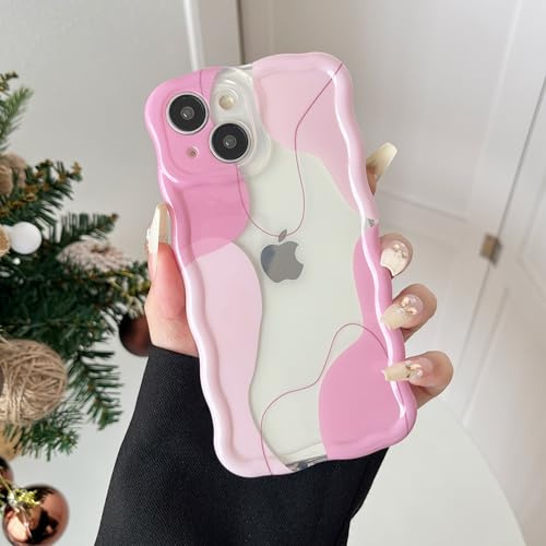 DEFBSC for iPhone 15 Case Cute Clear Wavy Curly Design,Pink | Wave Frame Colour Mix Aesthetic Pattern Durable Stylish Shockproof Soft Phone Cover for Women Girls Full Camera Protection