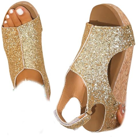 Whimsyard Sandales orthopédiques compensées en cuir pour femme, sandales compensées à plateforme large largeur, boucle à la cheville, sandales d'été à plateforme Wed ge pour femme, doré, 38.5 EU