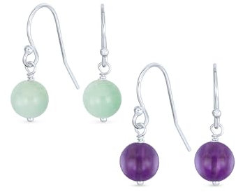 Set di due semplici orecchini pendenti rotondi con gancio a pesce francese in filo d'argento sterling .925 con pietre preziose di amazzonite verde e ametista viola chiaro per donna.