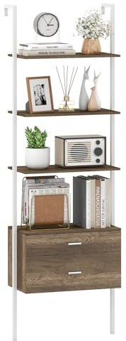 COSTWAY 6-Tier Ladder Shelf with 2 Drawers, 184cm Tall Wall Bookshelf Open Display Rack, Metal Frame Wooden Wall Mounted Bookcase Storage Shelving Unit for Living Room Bedroom Office (Oak Grey+White)