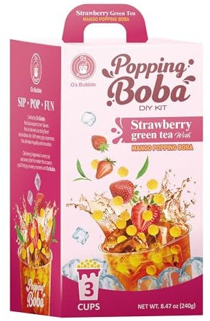 Strawberry Green Tea with Mango Popping Boba Kit (3 servings) - DIY Bubble Tea Kit | Includes Cups, Straws, Popping Boba & Syrup