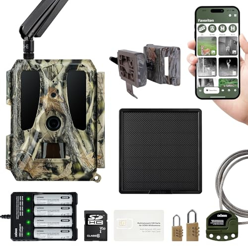 DÖRR Cloud Pro 4G Wildkamera, Überwachungskamera, 100°, Wiederaufladbar 18650, Solar-Set 15000mAh, iOS/Android/Web App, 4G Bildübertragung, 24MP Bilder, Full HD Videos, Echtzeitmodus, Infrarot Blitz