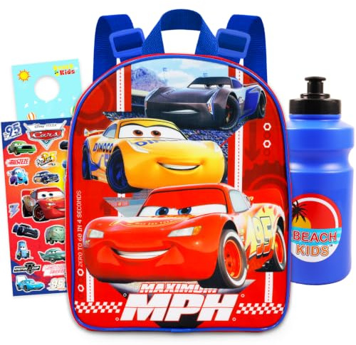 Disney Cars Mini-Rucksack für Kinder – Bundle mit 30,5 cm Lightning McQueen Rucksack mit Wasserflasche, Aufklebern, mehr | Lightning McQueen Vorschultaschen-Set für Kinder, Jungen, Mädchen