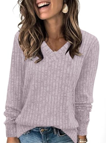 Tee Shirt Manche Longue Femme Oversize Coton Pull Femme Hiver Chaud Col V Grande Taille Cachemire Sweatshirts Top Chaude Polaire Pas Cher Tunique Classics Slim Fit sous Pull(Rose,XXL)