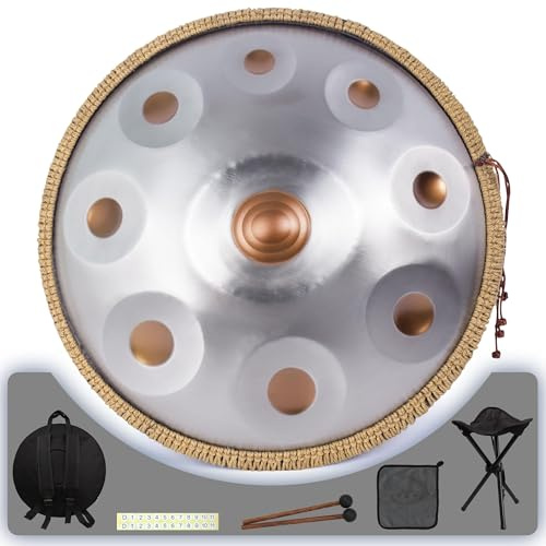 Amkoskr 18 Inch Handpan Drum for Adults, Premium D Minor Kurd Handpan Instrument with 9 Precision-Tuned Notes, 432HZ Hand Pan Drum for Beginner's Performance