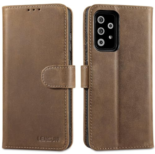 LENSUN Echtleder Hülle für Samsung Galaxy A52, A52s 5G, Vintage Dunkelbraun | Handyhülle Echtes Leder, Magnetverschluss Ledertasche, Wallet Funktion Lederhülle, Passgenau Handytasche, Kartenfach
