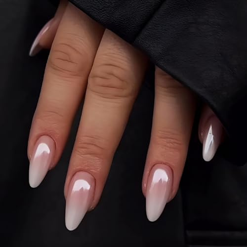 Gradient Press on Nails Almond - 24 Pieces Medium False Nails with Glue - Gradient Pink Stiletto Nails Press Ons - 12 Sizes Natural Ombre Glue on Nails - Elegant Full Cover Stick on Nails for Women