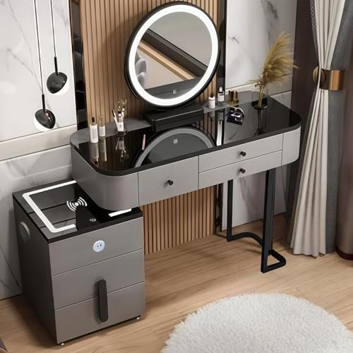 MJKCBD Grey Dressing Table Set with LED Mirror and Drawers | Modern Vanity Makeup Table with Reversible Smart Cabinet - Bluetooth Speaker & Charging Station for Bedroom