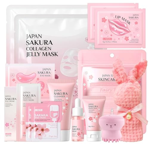 15 Pezzi Kit per la Cura Della Pelle Sakura, Viaggio Prodotti Skincare | Kit include Siero, Detergente, Maschera per le Labbra, Maschera e Crema per Gli Occhi, per Ragazze e Donne