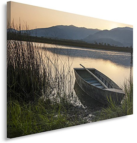 Feeby. Wandbild - 1 Teilig - 40x50 cm, Leinwand Bild Leinwandbilder Bilder Wandbilder Kunstdruck, BOOT, SEE, BERGE, LANDSCHAFT, GRAS, BRAUN