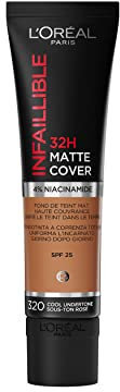 L'Oréal Paris - Fond de Teint Mat Haute Couvrance Waterproof - Longue Tenue - Léger & Matifiant - SPF 25 - Infaillible 32H Matte Cover - Teinte - 320 Cool Undertone Sous-Ton Rosé - 30 ml