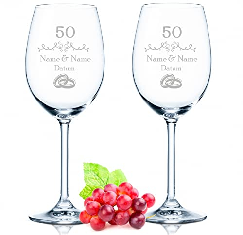 Leonardo Copas de vino con grabado – Boda dorada 50 años – Personalizado con nombre y fecha – Regalo para él y para ella, boda, compromiso, aniversario, color: Daily