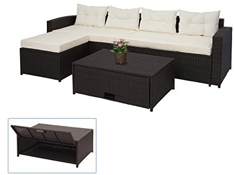 Mendler Poly-Rattan Garnitur HWC-J34 Staufach - braun, Kissen Creme-beige | Balkon-/Garten-/Lounge-Set, Sitzgruppe, Sofa