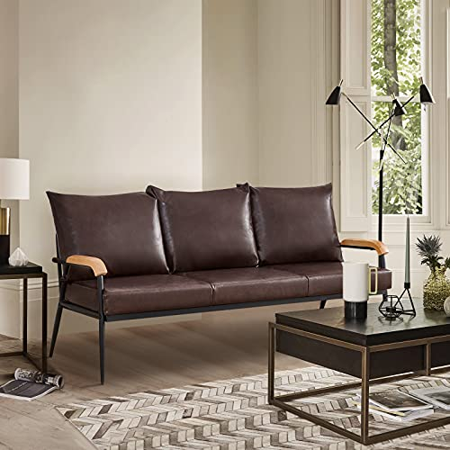 TUKAILAi 3-Sitzer-Wohnzimmer-Sofa, Kunstleder, weiches Loungesofa mit massiver Holzarmlehne und Metallrahmen, Couches für Zuhause, Empfang, Büromöbel, Dunkelbraun