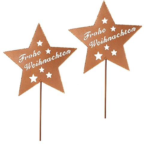 Dragimex weihnachtlicher Garten-Stecker Stern Frohe Weihnachten Metall rostfarben mit etwas Goldglitzer im 2-er Set (2 x groß)