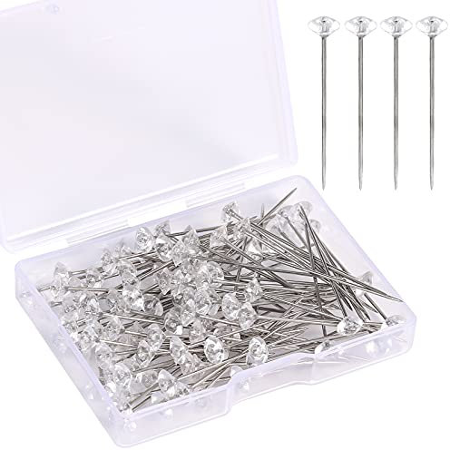 AIEX 100pcs 4cm Stecknadeln mit Diamant Kopf, Lange Gerade Dekonadel mit Diamant zum Quilten Fixieren von Fotos Hochzeits Strauß Corsagen Blumen DIY Basteln