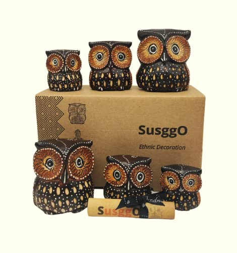 SusggO Eulen-Set, 6 Stück, aus Holz, klein, 3 verschiedene Größen, Dekoration, Figuren, Braun