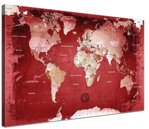 LANA KK - Premium Pinnwand Weltkarte - Red - Deutsch - in 120 x 80 cm, stabile Rückwand zum Pinnen inkl. Starterkit - Leinwand-Kunstdruck Wandbild Landkarte XXL