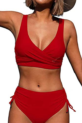 CheChury Bikini Mujer Traje de Baño de Cintura Alta Vintage Cuello en V Push Up Relleno Tops y Lateral con Cordones Braguitas Conjunto de Bikini de Color Sólido