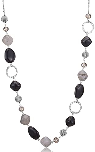 Bulinlin Silber Perplen Lang Kette für Damen Boho Statement Chain Halskette Modeschmuck Geburtstagsgeschenke für Frauen(Black and grey)