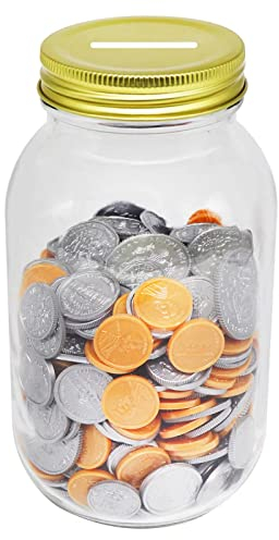 Mczcent Clear Glass Coin Bank Jar, Clear Coin Money Tip Change Saving Piggy Jar with Slotted Gold Lid, Clear Glass Money Coin Tip Piggy Change Piggy Bank Box Jug for Adults Teens Kids Girls Boys