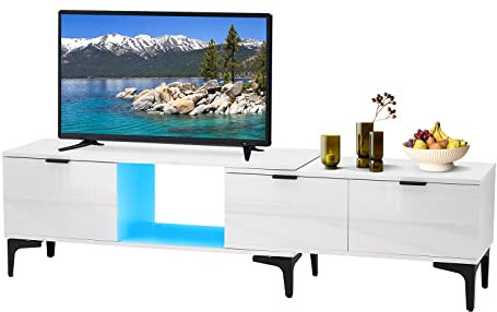 LEMROE Mobile per TV da 170 cm con luce LED Mobili TV bianco lucido con 1 ripiano aperto e 3 cassetti, Mobile TV basso soggiorno per TV da 55 65 75