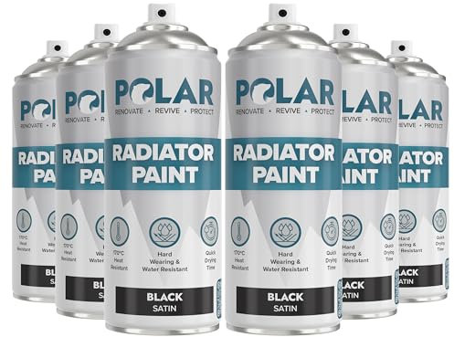 Polar Satin Black Radiator Spray Paint - 6 x 400ml | Heat Resistant up to 100ºC | Quick Drying & No Primer needed | Exterior Surfaces of Radiators & Hot Water Tanks | Heat Resistant Radiator Paint