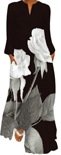 Ocean Plus Damen Vintage Schmetterlingsdruck Langer Rock V-Ausschnitt Langärmelig mit Taschen Sommerkleid (L, Weiße stachelige Rosenblüten)