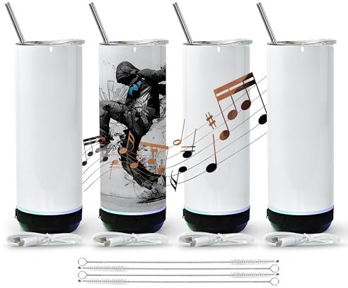 sweet grain Music Speaker Tumbler(4Pack) - Sublimation Tumbler 20 oz Skinny Straight with Speaker, Straw & USB Charging Cable, Sublimation Speaker Cups - Black