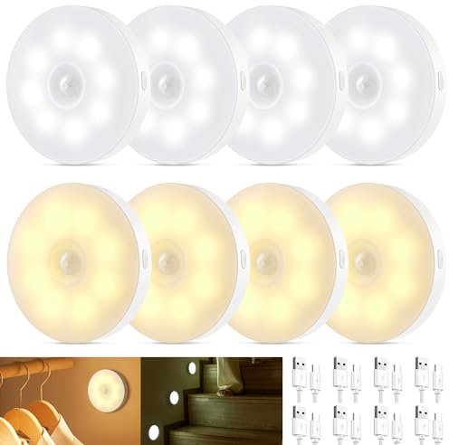 QNUJN Motion Sensor Lights Indoor, Rechargeable Dimmable Night Light Warm/Cool White, Magnetic Stick on Wall, USB-C Charging Stair Lights, Auto/On/Off Modes, for Closet, Hallway, Kitchen, Cabinet
