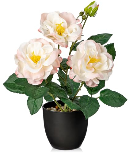 Künstliche Blumen Kunstrosen Kunstblumen Wie Echt Misty Rosa Dekoblumen Rosenbusch Höhe 28 cm, im Topf Klein Frühlingsblumen Deko für Bad Büro Hotel Restaurant