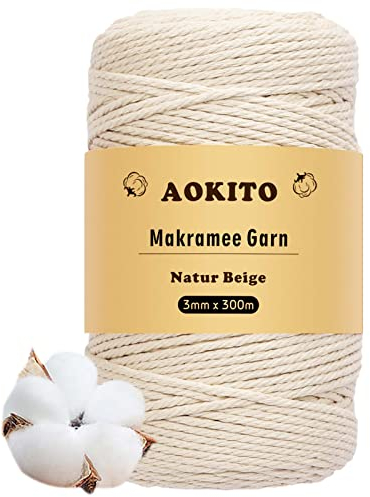 AOKITO Premium Makramee Garn Natur - 3mm x 300m Baumwollgarn für DIY Handwerk, Weben & Hängepflanzen - Natürlich, Umweltfreundlich & Langlebig, Beige, (MX-MS)