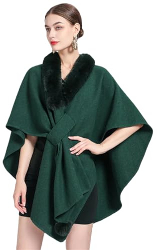 Frauen Herbst Neck Poncho Criss Cross Batwing Ärmeln Woolen Warme Schal Lose Streetwear Pompon Mantel blackish green One Size