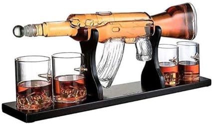 Whiskey Decanter Set, Rifle-Shaped Whiskey Decanter + a Set of 4 Whiskey Glasses with Engraving -Wine Decanter Gun