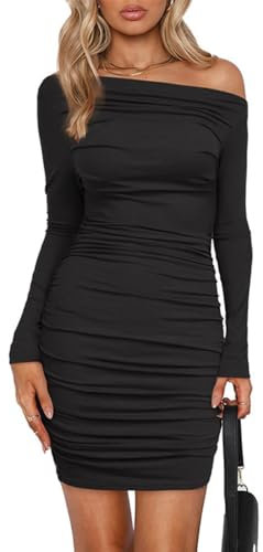 EMOTTOS Mini-Robes Moulantes pour Femmes, Robe à Bretelles plissée avec Cordon de Serrage, Robe à Encolure carrée avec Boutons à Volants en Velours, Manches Longues (2 Style)