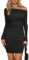 EMOTTOS Damen Hüftbetonte Minikleider, Schulterfreies Plissee-Kleid mit Kordelzug/Quadratischer Halsausschnitt mit Samtrüsche und Langen Ärmeln, Gerüschtes Bodycon Wickelkleid (Schwarz, S)