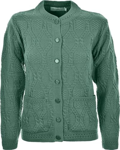 Miss Trendy Womens Ladies Knitted Crew Neck Pocket Front Button Up Aran Cardigan Green 30-32